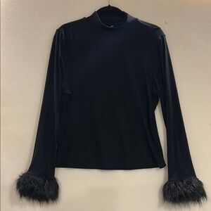 SHEIN Black Mandarin Collar Top with Fur Cuffs